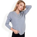 Brown Medium Textured Knit Sweater with V-Neckline and Ribbed Sleeves