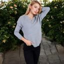 Brown Medium Textured Knit Sweater with V-Neckline and Ribbed Sleeves