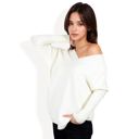 White Large Textured Knit Sweater with V-Neckline and Ribbed Sleeves