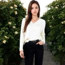 White Large Textured Knit Sweater with V-Neckline and Ribbed Sleeves