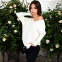 White Large Textured Knit Sweater with V-Neckline and Ribbed Sleeves