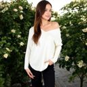 White Large Textured Knit Sweater with V-Neckline and Ribbed Sleeves