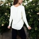 White Large Textured Knit Sweater with V-Neckline and Ribbed Sleeves