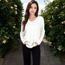 White Large Textured Knit Sweater with V-Neckline and Ribbed Sleeves