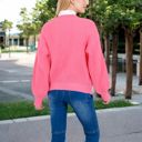 Pink Large Women's Chunky Knit Sweater with Button Front and Ribbed Textured Design