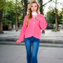 Pink Medium Women's Chunky Knit Sweater with Button Front and Ribbed Textured Design