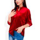  Long Sleeve Velvet Button-Up Shirt with Chest Pocket