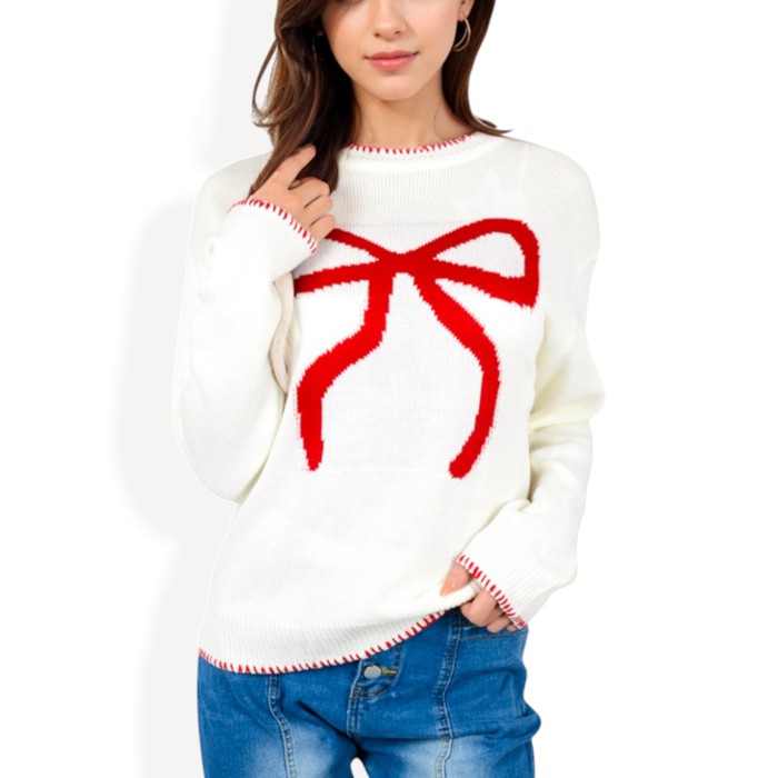 Long Sleeve Knit Sweater with Bow Detail and Contrast Stitching