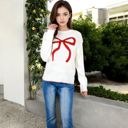 White Large Long Sleeve Knit Sweater with Bow Detail and Contrast Stitching