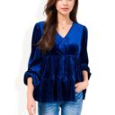  Long Sleeve V-Neck Velvet Babydoll Top with Gathered Waist