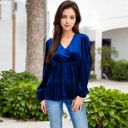 Blue Large Long Sleeve V-Neck Velvet Babydoll Top with Gathered Waist