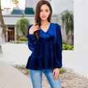 Blue Large Long Sleeve V-Neck Velvet Babydoll Top with Gathered Waist