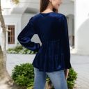 Blue Large Long Sleeve V-Neck Velvet Babydoll Top with Gathered Waist