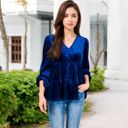 Blue Large Long Sleeve V-Neck Velvet Babydoll Top with Gathered Waist