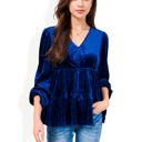 Blue XL Long Sleeve V-Neck Velvet Babydoll Top with Gathered Waist