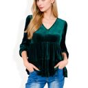 Green Large Long Sleeve V-Neck Velvet Babydoll Top with Gathered Waist