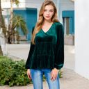 Green Large Long Sleeve V-Neck Velvet Babydoll Top with Gathered Waist