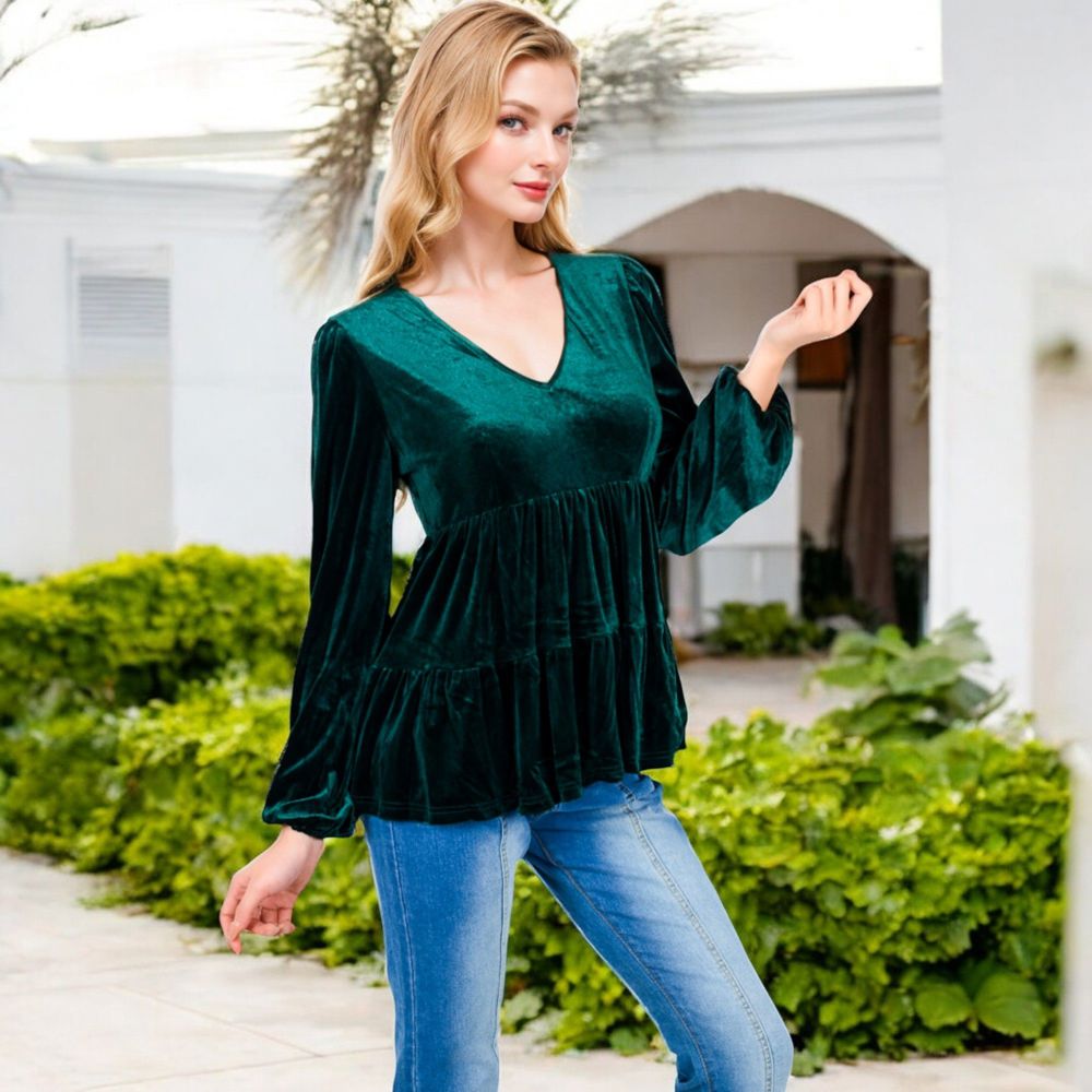 Long Sleeve V-Neck Velvet Babydoll Top with Gathered Waist