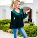 Green Large Long Sleeve V-Neck Velvet Babydoll Top with Gathered Waist