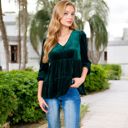 Green Large Long Sleeve V-Neck Velvet Babydoll Top with Gathered Waist