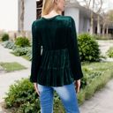 Green Large Long Sleeve V-Neck Velvet Babydoll Top with Gathered Waist