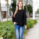 Black Large Long Sleeve Ribbed Knit Sweater with Gathered Shoulders