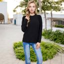 Black Large Long Sleeve Ribbed Knit Sweater with Gathered Shoulders