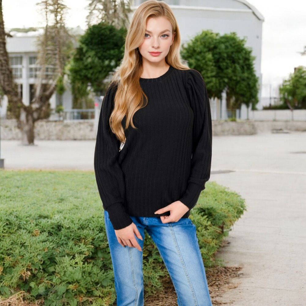 Long Sleeve Ribbed Knit Sweater with Gathered Shoulders