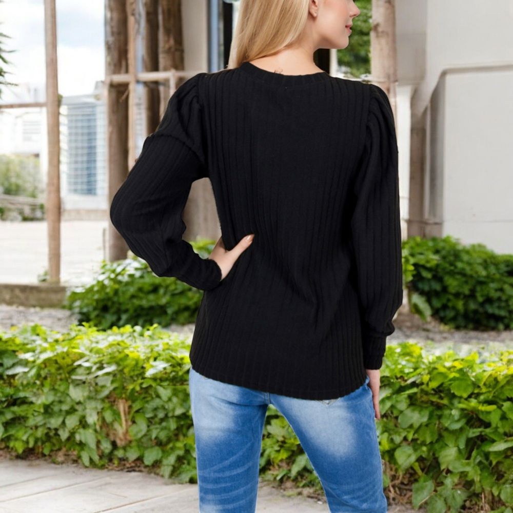 Long Sleeve Ribbed Knit Sweater with Gathered Shoulders