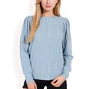 Blue Large Long Sleeve Ribbed Knit Sweater with Gathered Shoulders