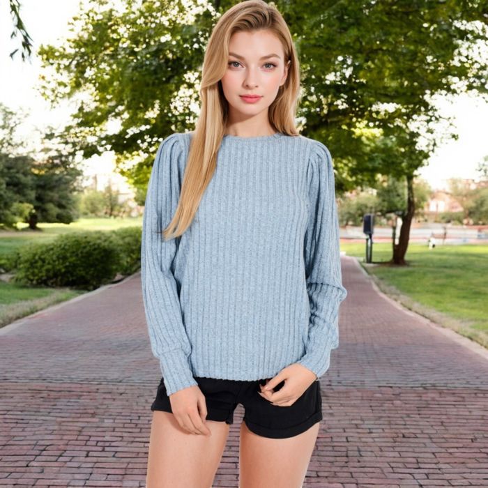 Long Sleeve Ribbed Knit Sweater with Gathered Shoulders