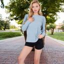 Blue Large Long Sleeve Ribbed Knit Sweater with Gathered Shoulders