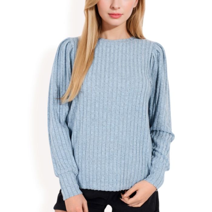 Long Sleeve Ribbed Knit Sweater with Gathered Shoulders