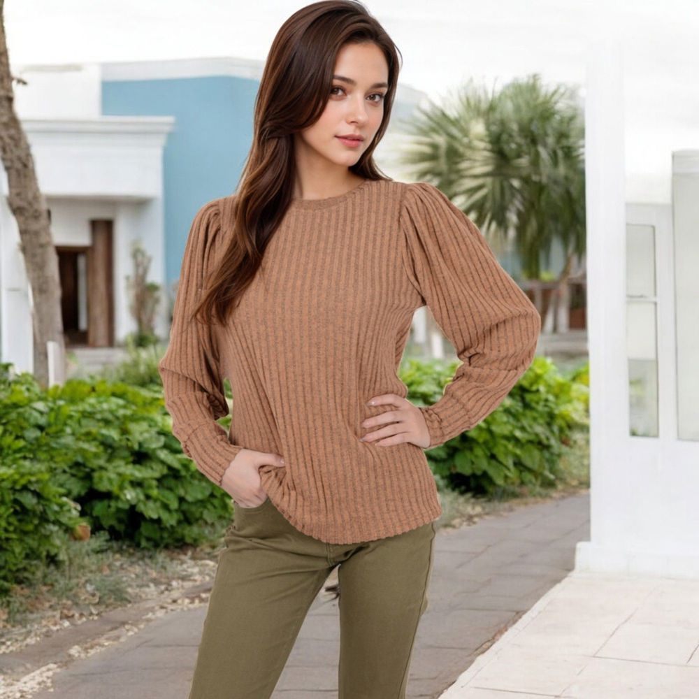 Long Sleeve Ribbed Knit Sweater with Gathered Shoulders