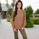 Brown Medium Long Sleeve Ribbed Knit Sweater with Gathered Shoulders