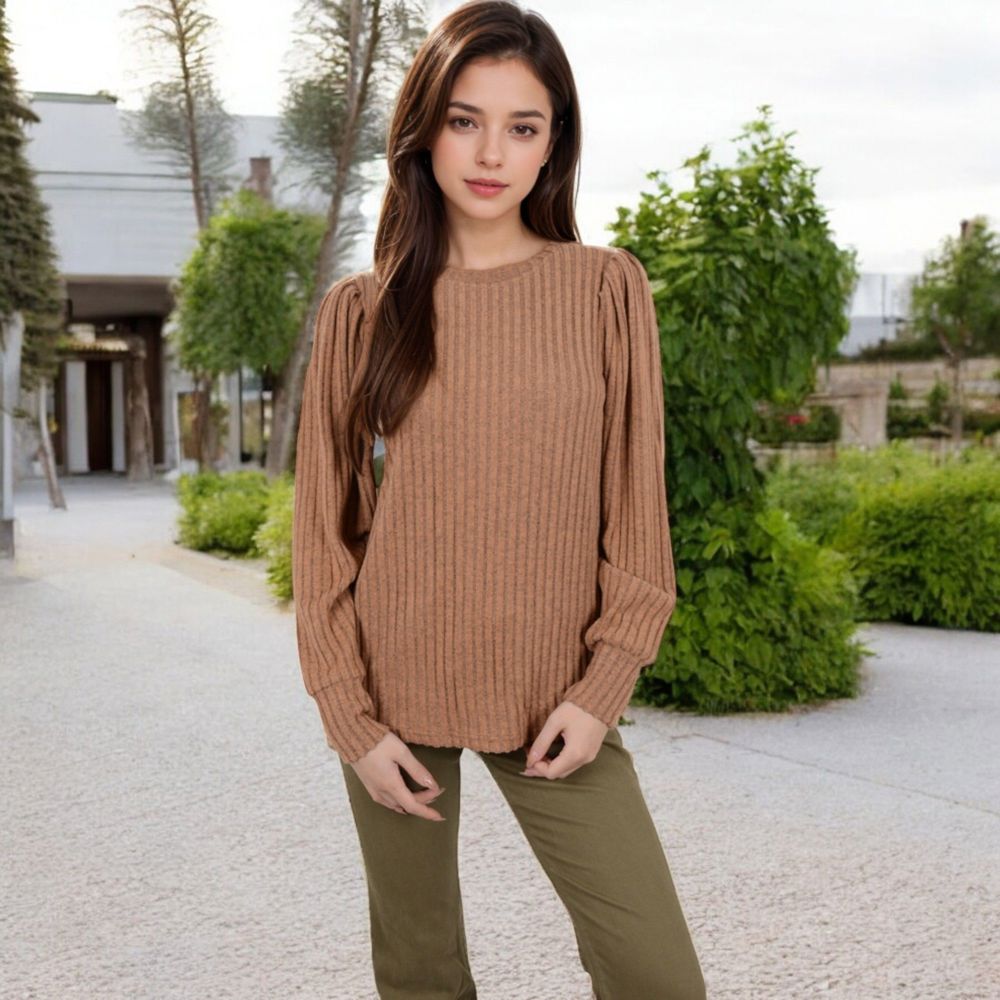 Long Sleeve Ribbed Knit Sweater with Gathered Shoulders