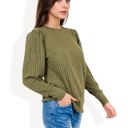 Green Large Long Sleeve Ribbed Knit Sweater with Gathered Shoulders