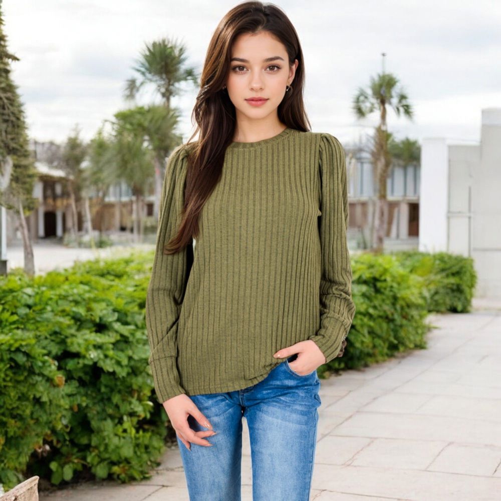 Long Sleeve Ribbed Knit Sweater with Gathered Shoulders