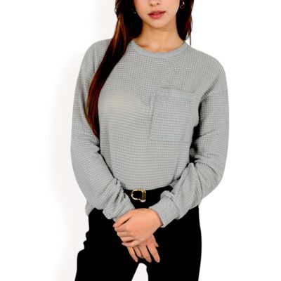 Long Sleeve Waffle Knit Top with Front Pocket Detail