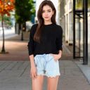 Black Large Women's Long Sleeve Waffle Knit Top with Front Pocket Detail