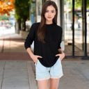 Black Large Long Sleeve Waffle Knit Top with Front Pocket Detail