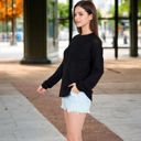 Black Large Long Sleeve Waffle Knit Top with Front Pocket Detail