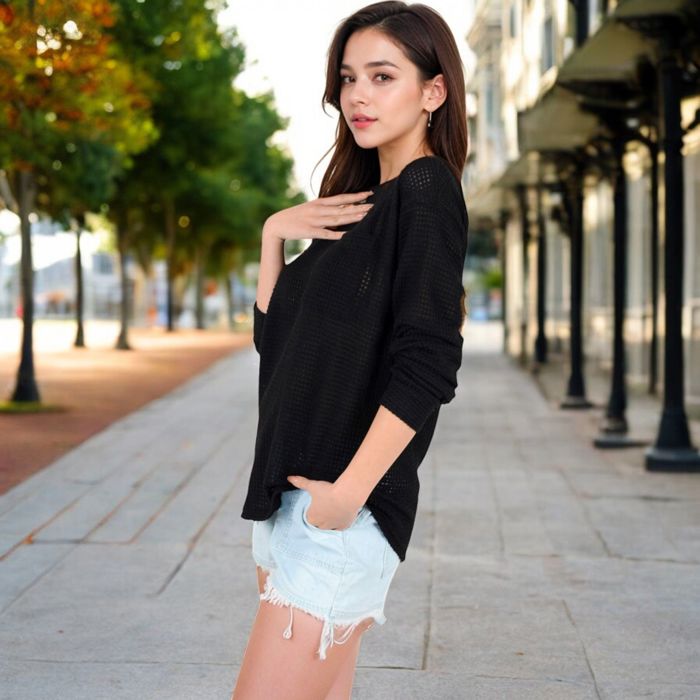 Long Sleeve Waffle Knit Top with Front Pocket Detail