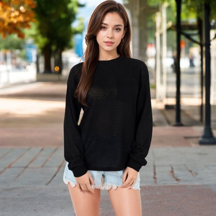 Women's Long Sleeve Waffle Knit Top with Front Pocket Detail