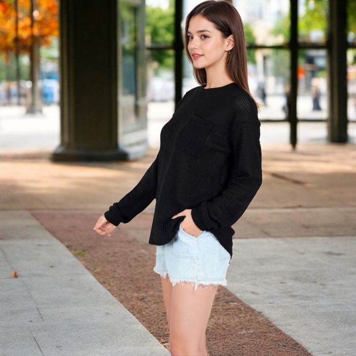 Long Sleeve Waffle Knit Top with Front Pocket Detail