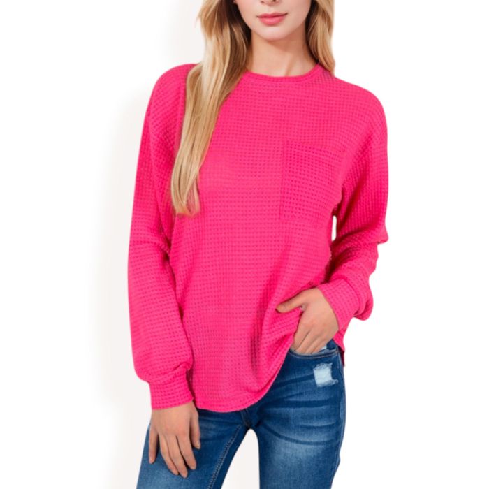 Women's Long Sleeve Waffle Knit Top with Front Pocket Detail