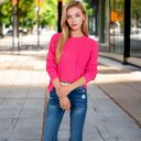 Pink Large Women's Long Sleeve Waffle Knit Top with Front Pocket Detail