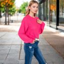 Pink Large Women's Long Sleeve Waffle Knit Top with Front Pocket Detail