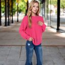 Pink Large Women's Long Sleeve Waffle Knit Top with Front Pocket Detail