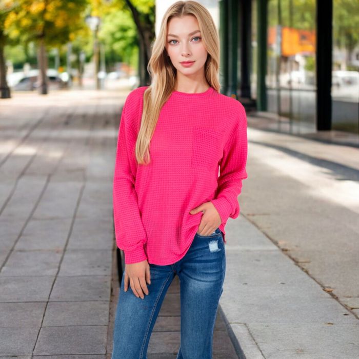 Women's Long Sleeve Waffle Knit Top with Front Pocket Detail